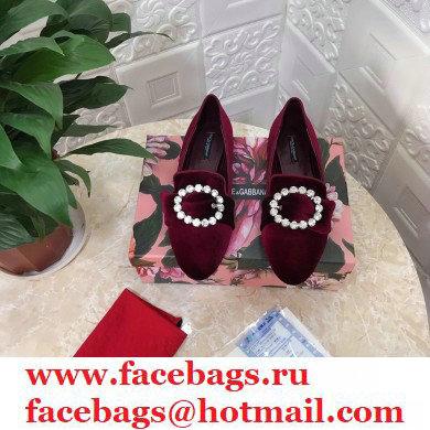 Dolce  &  Gabbana Velvet Crystals Loafers Slippers Burgundy 2021